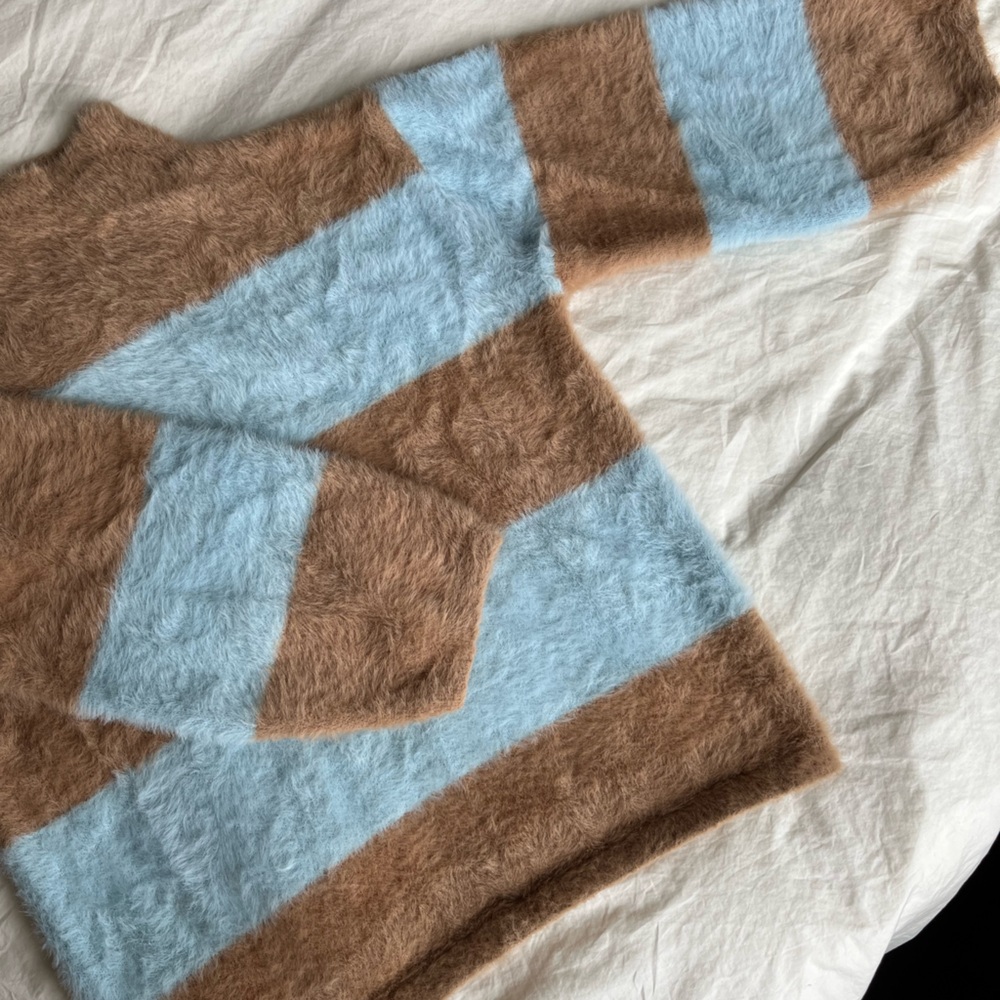 Anthropologie Moon River Brown and Blue Striped Fuzzy Sweater